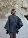 MQTIME  -  Solid Stand Collar Cape Coats Women Casual Batwing Sleeves Button Front Belted Waist Loose Poncho Outerwear Lady Daily Wear New