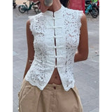 MQTIME  -  Women's Elegant Sheer Floral Lace Sleeveless Shirt Top With Mandarin Collar Traditional Chinese Button Closure Blouse
