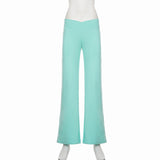  MQTIME  -  Women's Elastic Waisted Wide Leg Pants V-Cross Front Design Casual Solid Micro Flared Full Length Trousers All Match Bottoms Chi