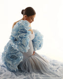 MQTIME  -  Light Blue Strethcy Long Women Maternity Dress For Photoshoots With Handmade Flower Jacekt 2 Pieces Long Women Robe Maxi Dress