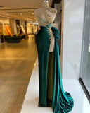 MQTIME  -  Unique Crystals Emerable Green Prom Dresses High Neck Beaded Evening Dress Custom Made Sleeveless Ruffles Party Gown