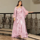 Mqtime Luxury Satin Evening Party Gown Muslim Open Abaya Dress Wrap Skirt 3 Piece Set Shiny Dubai Islam Vestido Moroccan Caftan Outfits