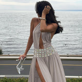 MQTIME  -  Sequins Patchwork Lace Up Halter Backless Split Vacation Beach Maxi Dress Women Sexy Hollow Out Sleeveless Club Party Long Robe
