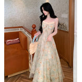 MQTIME  -  Summer Floral Printed Long Dress Women Patchwork Lace Chiffon Fairy Dress Casual Gold Stamping Bow Tie Suspender Dress