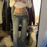 MQTIME  -  American Retro Low Waist Bell Bottom Jeans Women's Wear Faded Slimming Crack Design Heavy Duty Dragging Pants Straight Leg
