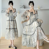 Mqtime 2025 Spring Autumn Maternity A-line Dress Plus Size Shoulderless Pregnant Woman Chiffon Dress Vintage Printing Pregnancy Dresses