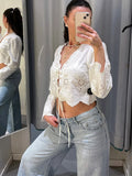 MQTIME  -  Embroidered Hollow Out Shirt Top Flower Ruffle Pleated Lace Up Bow V-Neck Cardigan Sexy Loose Long Sleeved Women Short Blouse