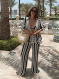 MQTIME  -  Knitted Striped Cardigans Pants Sets Women 2 Pieces Short Sleeve Single Breasted Loose Coat Wide Leg Trousers Suits Hollow Out