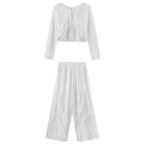  MQTIME  -  Women’s Spring Outfits Long Sleeve Tie-up Open Front Tops Shirts  + Ruffle Loose Pants 2 Piece Set Summer Loungewear