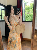 MQTIME  -  Print Floral Vintage Beach Long Dress Women Summer Sleeveless Halter Backless Slim Long Dress Sexy Club Party Birthday Dresses