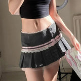 MQTIME  -  Vintage Black Plaid Stripe Pleated Skirt with Lace Bow Kawaii Skirts @E-girl 00s Fairycore 2000s Grunge Aesthetics Korean Cloth