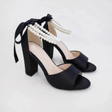MQTIME  -  New High Heels Women's Thick Heel Sandals Versatile Ribbon Bow Pearl Belt Sandals.