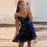 MQTIME  -  Above Mini Short Skirt Off Shoulder Sequins Lace Homecoming Dresses Prom Party Gowns Formal Occasion