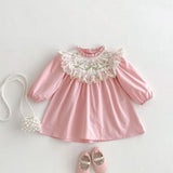 MQTIME  -  Girls' Spring Dress 2025 New Style Children's Ruffled Collar Flower Embroidered Sweet  Princess Dress Kid's Clothing