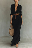 MQTIME  -  Women's Fashion Solid Holiday Party Dress Elegant Lapel Button Draped Long Dress Casual Long Sleeve Match With Belt Shirt Dress