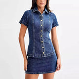 MQTIME  -  Women Vintage Short Sleeve Denim Top Short Skirt Sets Lapel Pleat Slim Buttons Shirt Dress 2 Piece Outfits Soild High Street Set