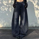 MQTIME  -  Women Vintage Washed Baggy Jeans Plaid Patch Pockets Wide Leg Denim Pants Autumn New Drawstring Decor Loose Streetwear Trousers