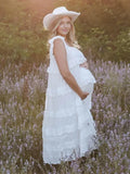 MQTIME  -  Elegant White Maternity Photoshoot Dress Tiered Lace Sleeveless Pregnancy Gown for Baby Shower and Maternity Photography