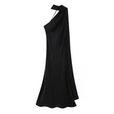 MQTIME  -  Women Ribbon Hanging Neck Long Dresses Solid Color Summer Sleeveless Backless Slim Halter Party Dress Female Elegant Satin Robe