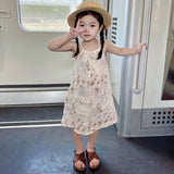 MQTIME  -  Vintage 100% Linen Flower Print Girls Dress With Pockets Summer New Baby Girl Sleeveless Casual Loose Spaghetti Strap Dresses