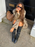 MQTIME - Fashion Faux Fur Mid Length Coat Women Lapel Long Sleeve Fluffy Plush Thicken Warm Jacket 2024 Fashion Lady Loose Street Outwear
