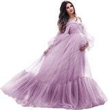 MQTIME  -  Puffy Sleeve Maternity Dress Tulle Robe With Underskirt for Photoshoot Off Shoulder Pregnancy Baby Shower Gown