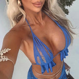 MQTIME  -  Summer Fashion Women's Sexy Hollow Mesh Backless Top Pulling Rope Long Dress Elegant Sexy Party Dress Solid Color Blue Set