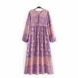 MQTIME  -  Boho Dress Long-sleeved Floral Printing Maxi Vestidos Loose Fit Holiday Style Beach Dress Rayon Hippie Ethnic Dresses