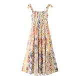 MQTIME  -  Printing Boho Dress Lace-up Straps Maxi Dress A-line Floral Pleated Vestidos Chiffon Holiday Dresses Hippie Robes