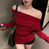 MQTIME  -  Off-shoulder Solid Color All Match Long-sleeved Sweater Women 2025 Spring New American High Street Sexy Slim Knitted Tops