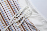 MQTIME  -  Striped Print Vintage Ribbed 2 Piece Set Women Sexy Turn Down Collar V-neck Short Sleeve T-shirts Tops + Drawstring Mini Skirts