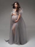 MQTIME  -  Silver Grey Studded Sequin Tulle Maternity Photo Shoot Dress for Baby shower V-neck Pregnant Women Gown with Feather Tassel