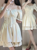 MQTIME  -  Sweet Summer Mini Dress for plus Size Women with Wood Grain Ruffle Bubble Sleeve Square Collar Waist Cinching Fashionable