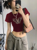 MQTIME  -  Red Cotton Cropped T Shirt for Women Girl Vintage Butterfly Graphic Streetwear Tee Tops Tshirt Summer Croptop