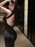 MQTIME  -  Sexy Backless Floor-Length Party Club Dress Women Summer Sleeveless Off Shoulder Dress Patchwork Zipper Button New Slim Dresses