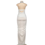 MQTIME  -  Women Elegant Sexy Pleated Bodycon Maxi Party Dress Sequins Turtleneck Halter Backless Front Split Slim Evening Gown Long Robes