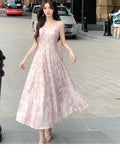 MQTIME  -  Elegant Princess Fairy Strap Print Dress for Women Summer Vintage Pearl Beading Sweet Midi Dresses Female Beach Evening Clothes