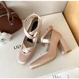 MQTIME  -  Ballet Style Fashion Satin Cross Strap Women Pumps Spring Summer Mary Janes Thick High Heels Lolita Ballet Dancing Chunky Shoes
