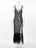 MQTIME  -  Sexy Lace Sling Long Dress Women See Through V Neck Sleeveless Split Ruffles Party Dress 2024 Fashion Solid High Waist Robes