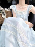 MQTIME  -  Summer Sweet Fly Sleeve Blue Bownot Fairy Dress Slim French Style Patchwork Lace Dress A-line Women Casual Dress