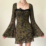 MQTIME  -  Niche Vintage Floral Contrasting Square Neck Lace-up Waist Flared Sleeves A-line Slimming Long Sleeve Dress Short 2025
