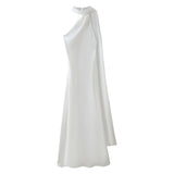 MQTIME  -  Women Ribbon Hanging Neck Long Dresses Solid Color Summer Sleeveless Backless Slim Halter Party Dress Female Elegant Satin Robe