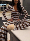  MQTIME  -  Fashion Striped Knitted Two-Piece Set For Women Round Neck Cardigan Top High Waist Straight-Leg Pants Casual Set 2026