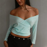  MQTIME  -  Women Light Blue 3/4 Sleeve Crop Top Front Tie Cutout V Neck Wrap Ruched Slim Fit Y2K Casual Elegant Basic Tee Shirts