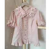 MQTIME  -  Summer Sweet Lolita Peter Pan Collar Puff Short Sleeve Women Blouse Y2k Bow Appliques Single Breasted Clothes Casual Cute Shirt