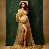 MQTIME  -  Shining Gold Tulle Maternity Gown for Photoshoot Off Shoulder Sweetheart Pregnancy Robes for Baby Shower Photography Gown