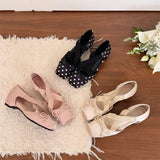 MQTIME  -  Women's Elegant Pink Satin Ballet Shoes Square Toe Cross Strap Polka Dot Bow Mary Jane Shoes Inside Mid Heel Casual Pumps