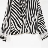 MQTIME  -  Fashion Minimal Zebra Print Leisure Blouse Classic V Neck Fluffy White Feather Cuffs Top Women Autumn City Casual Walk Blouse