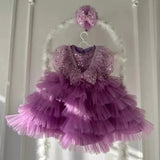 MQTIME  -  Children's evening dress V-neck sequined long-sleeved fluffy elegant girl princess dress for 0-12 years old birthday party