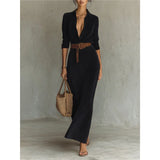 MQTIME  -  Women Turn-Down Collar Slim Party Dresses 2025 Spring Autumn Long Sleeve Chic Maxi Dress Suede Temperament Ladies Robes Vestidos